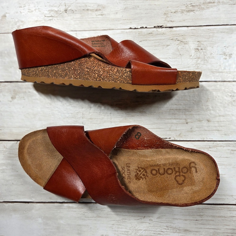 Yokono Leather Criss Cross Wedge Slide Sandals Women 8 Brown Made in Spain